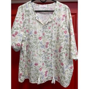 Parami Design Floral Eyelet Tassel Tie Blouse Plus Size 2X Pink Green White